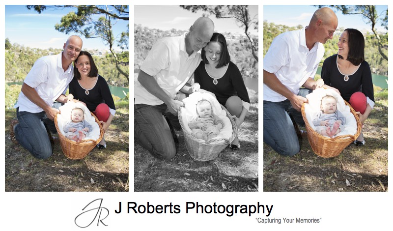 Parents with a baby girl in a basket - sydney family portrait photography 
